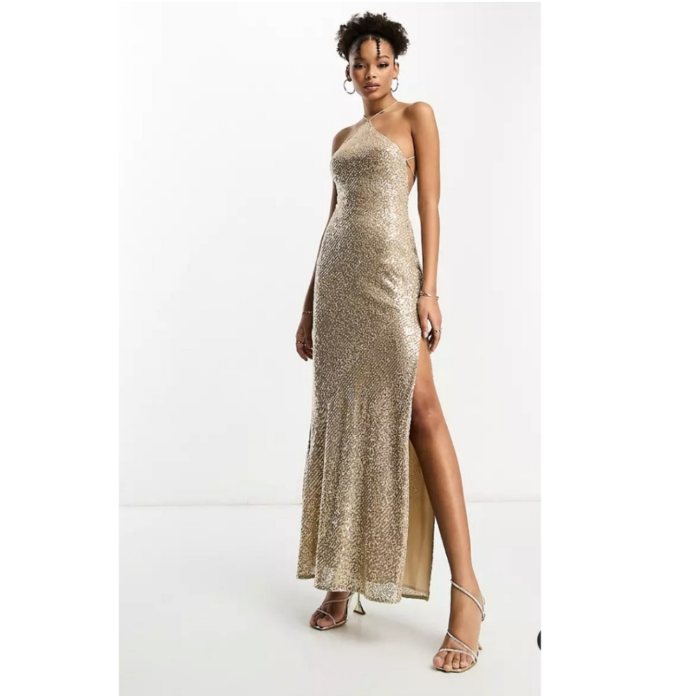 ASOS DESIGN halter lace up back maxi dress in allover sequin in gold size 8
